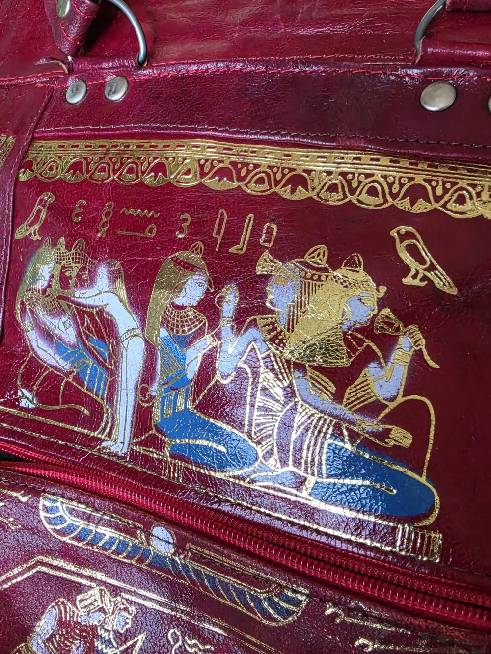 Red Egyptian Motif Leather Tote Bag - Unbranded